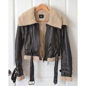 BDG Vegan Leather and Sherpa Moto Jacket, Brown